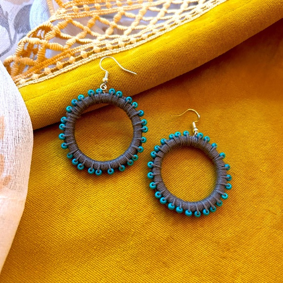 Free People Jewelry - Crocheted Gray and Teal Earrings